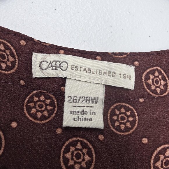 Cato Shirt Womens 26/28W Brown Burgundy Mixed Print Zip Front Roll Tab Plus Size - Picture 6 of 10